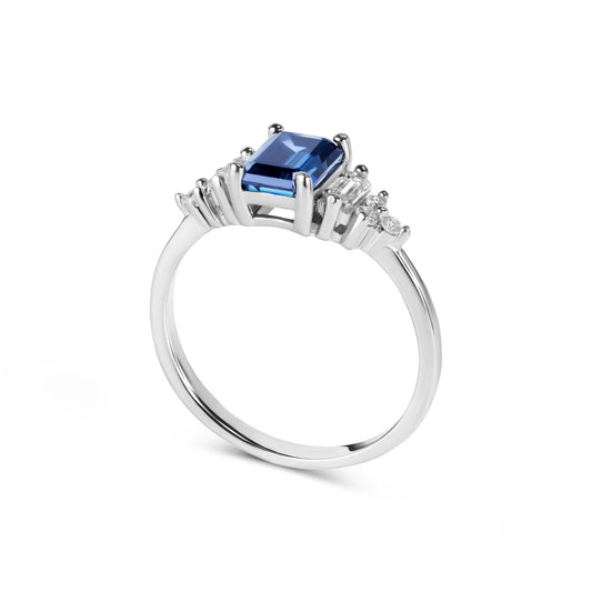 Anello Solitario Diana 1 ct Moissanite Blu Taglio Smeraldo e Pietre Laterali