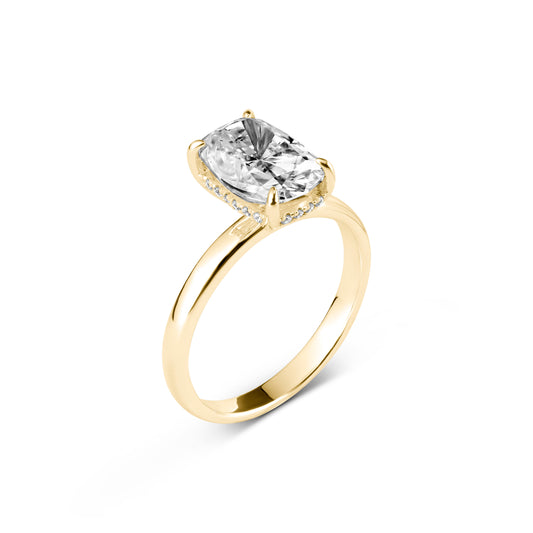 Anello Solitario Hera 3 ct Moissanite Cushion Allungato e Halo Nascosto